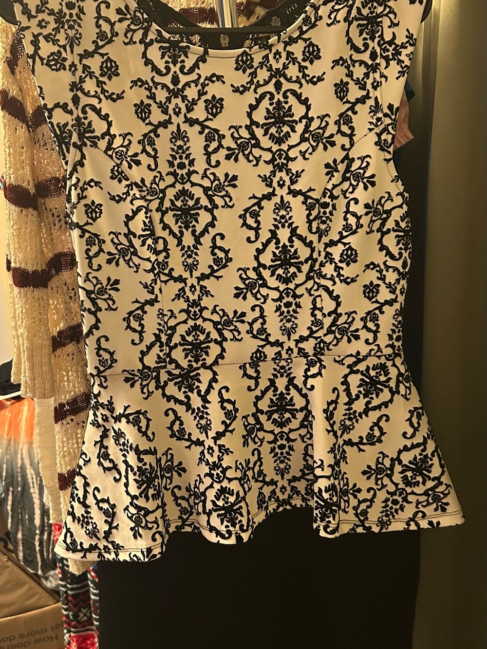 iris White Midi Dress with Black Damask Pattern